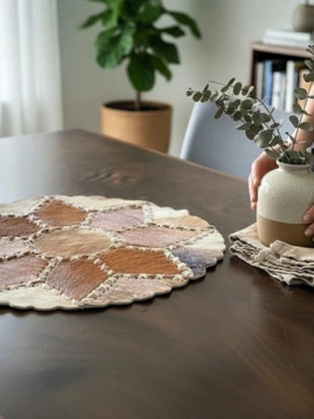 Cow Hide Geometric Patchwork Brown & Beige Table Decor 1123
